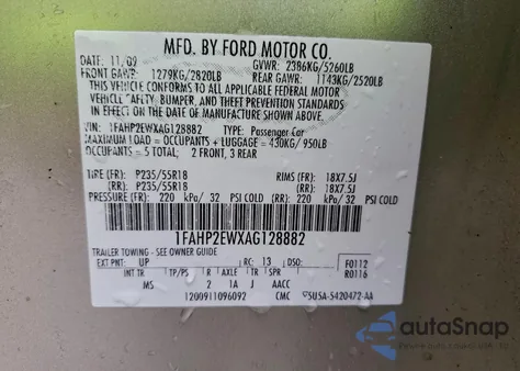 2010 Ford Taurus Sel from USA, damaged, VIN 1FAHP2EWXAG128882